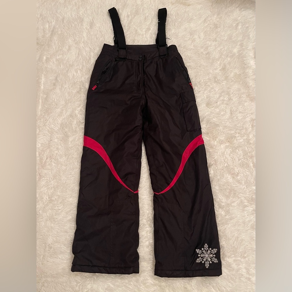 Girls’ Black & Pink Snow Pants with Adjustable Suspenders — Size L